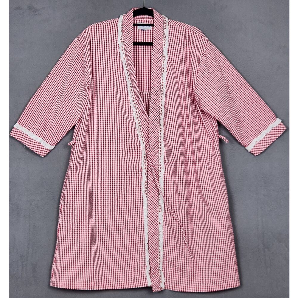 LANZ OF SALZBURG Robe Womens Medium Red White Gingham Lace Trim Oversized